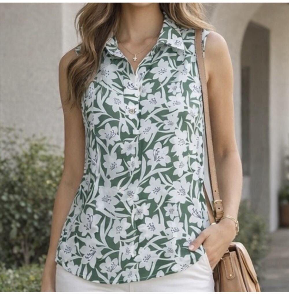 Cabi Bloom Top Green White Floral Sleeveless Medium